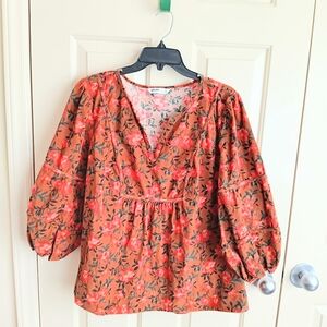 Sonoma Women Brown Orange Floral Corduroy Blouse Top Size 2X
